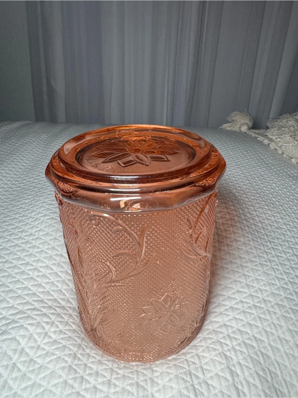 Vintage Tiara Indiana Glass Sandwich Pink LARGE Canister Jar w/ Lid Floral